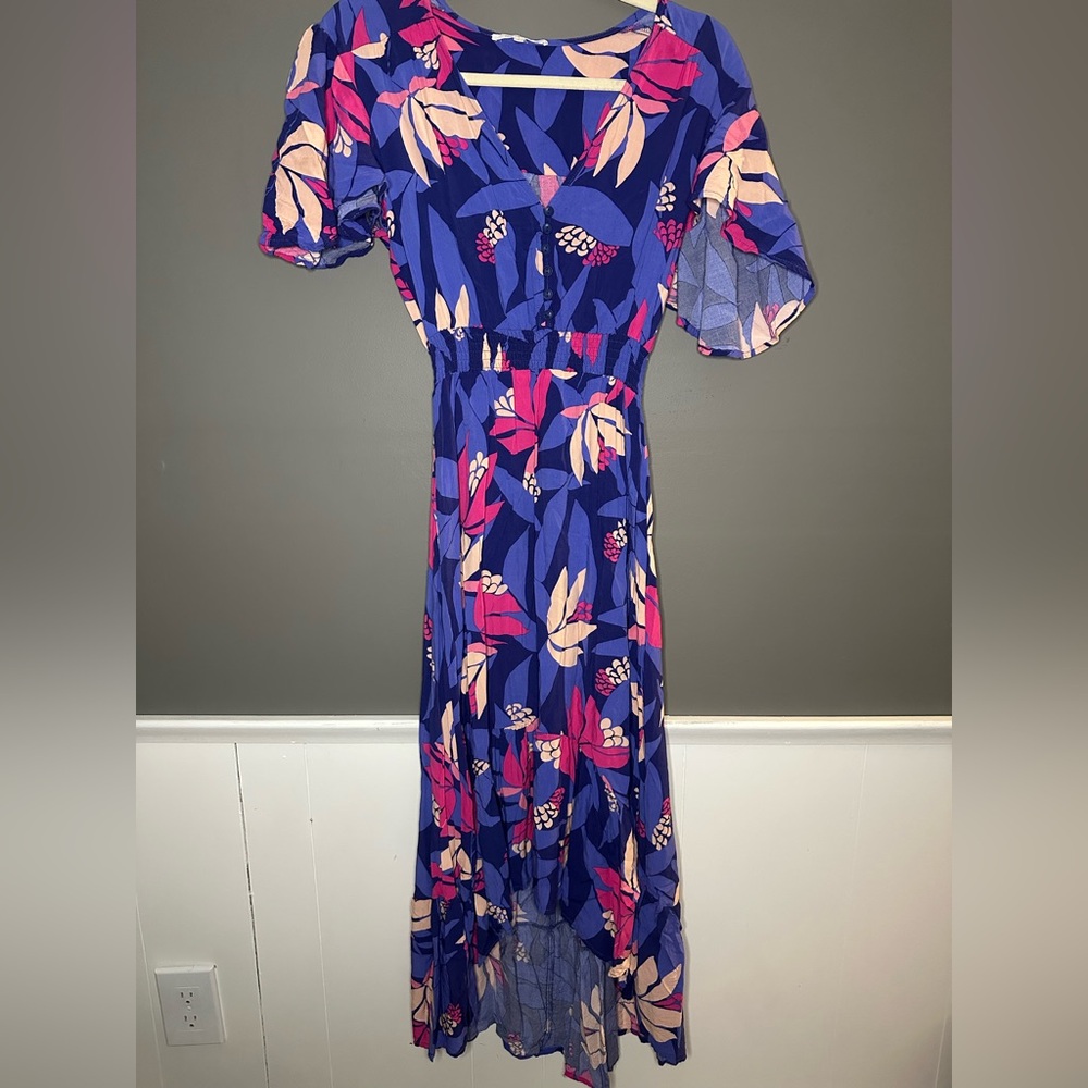 Floral Blue Midi Dress with Pink & Cream Accents